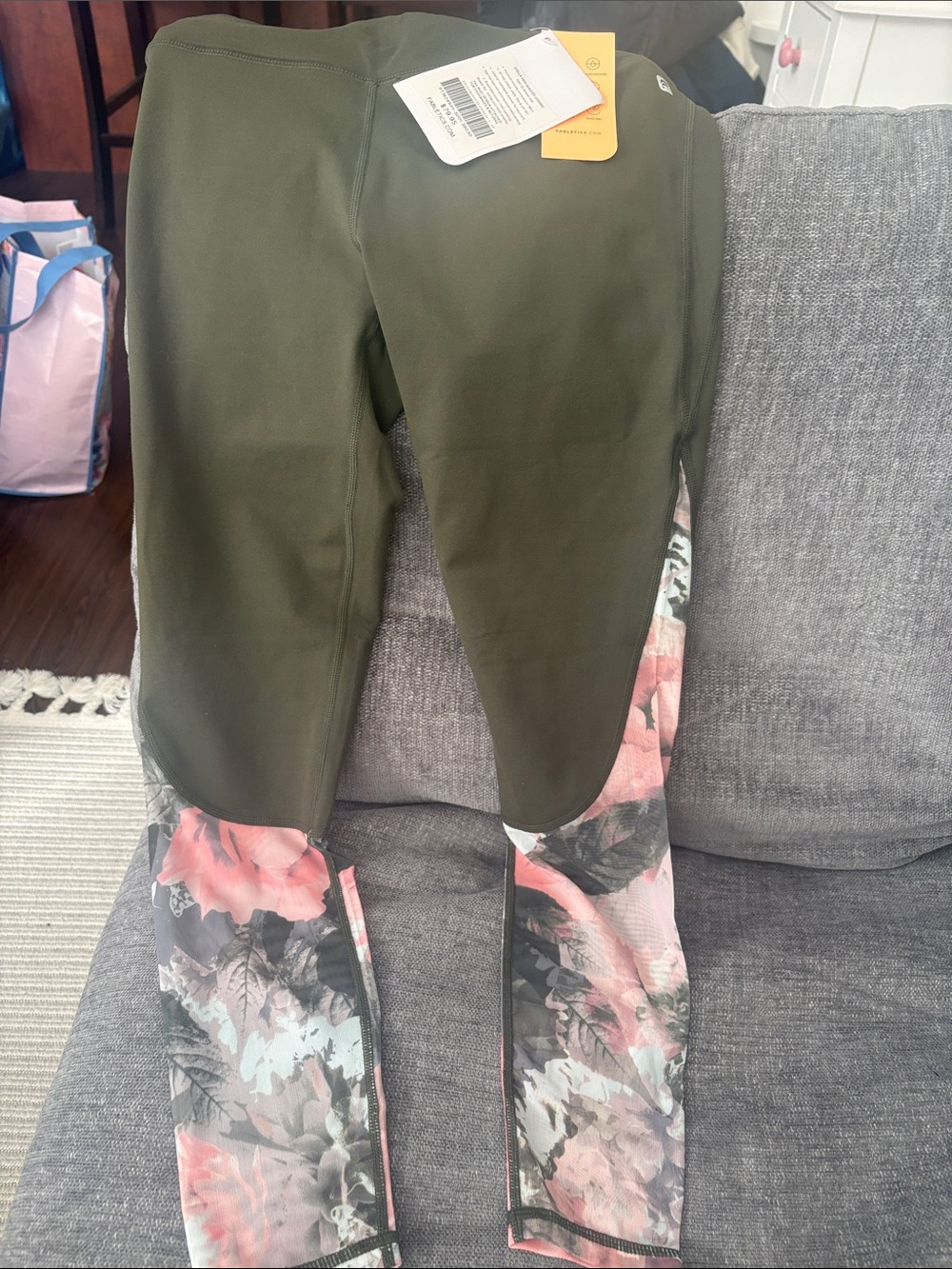 Fabletics Olive Green Leggings with Pink Floral Panels